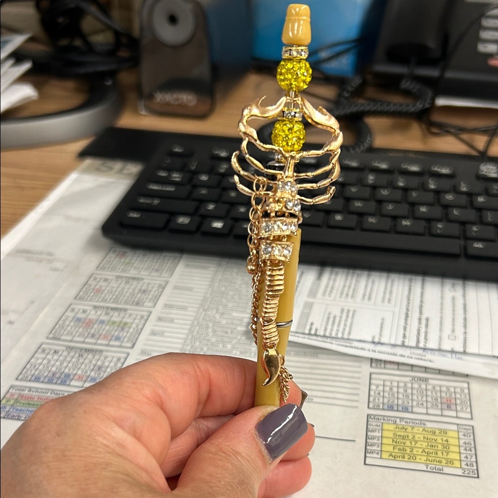 Gold Crystal Skeleton Charm Pen in Mustard Yellow